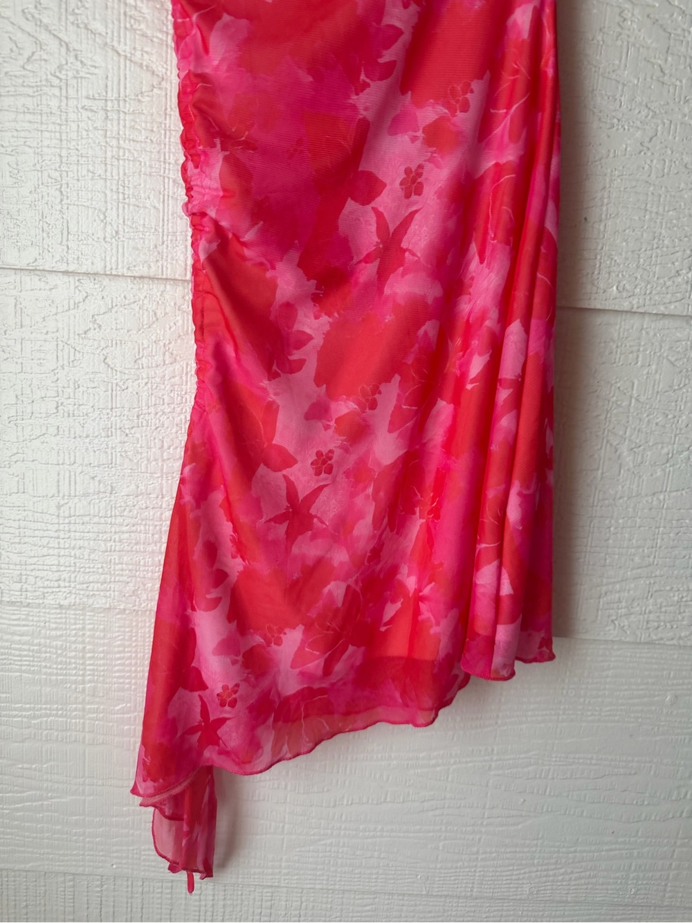Pink Floral Strapless Mesh Ruched Mini Dress Small Adjustable Side Drawstring - Picture 7 of 9